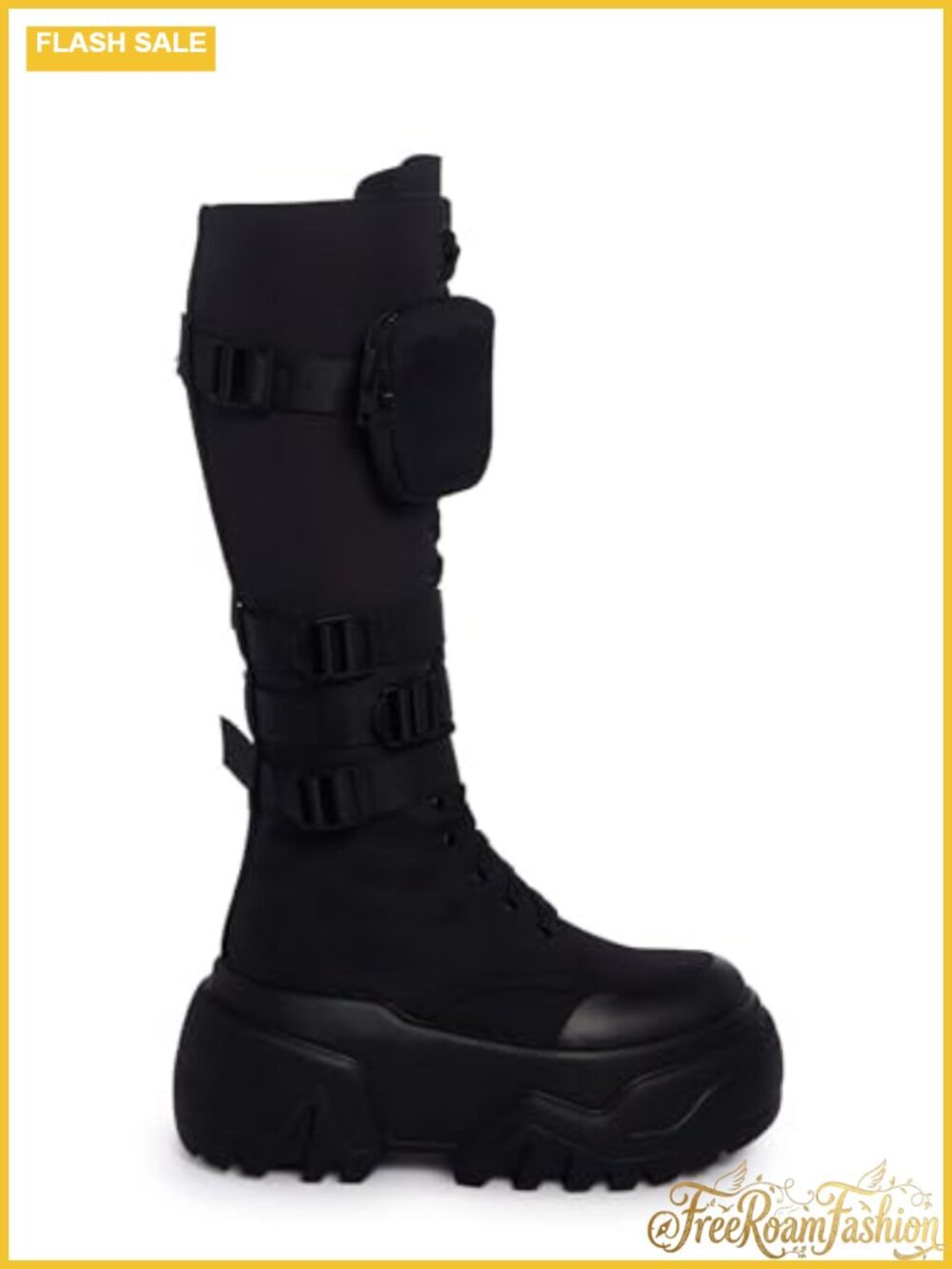 Poster Grl Knee High Combat Boots with Zipper Pockets, Buckle Straps, Platform
